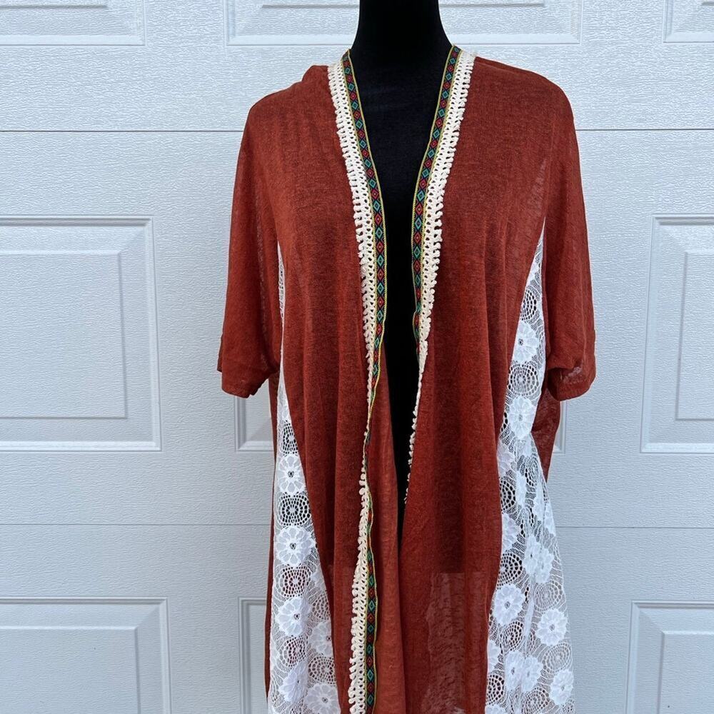 Gee Gee Lace Detail Multicolor Trim Accent Long Cardigan, Woman's L/ XL